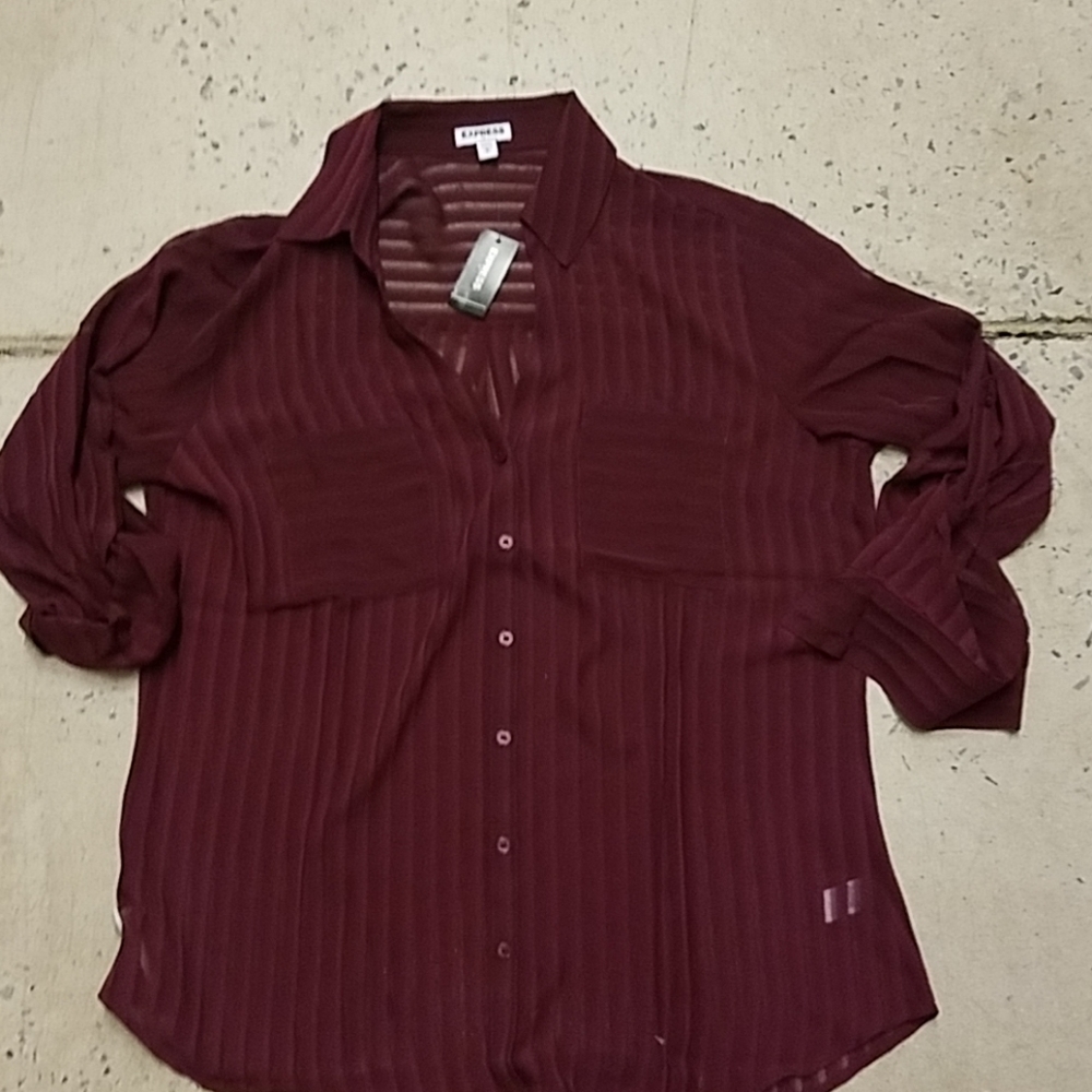 Express maroon sheer striped roll sleeve t…